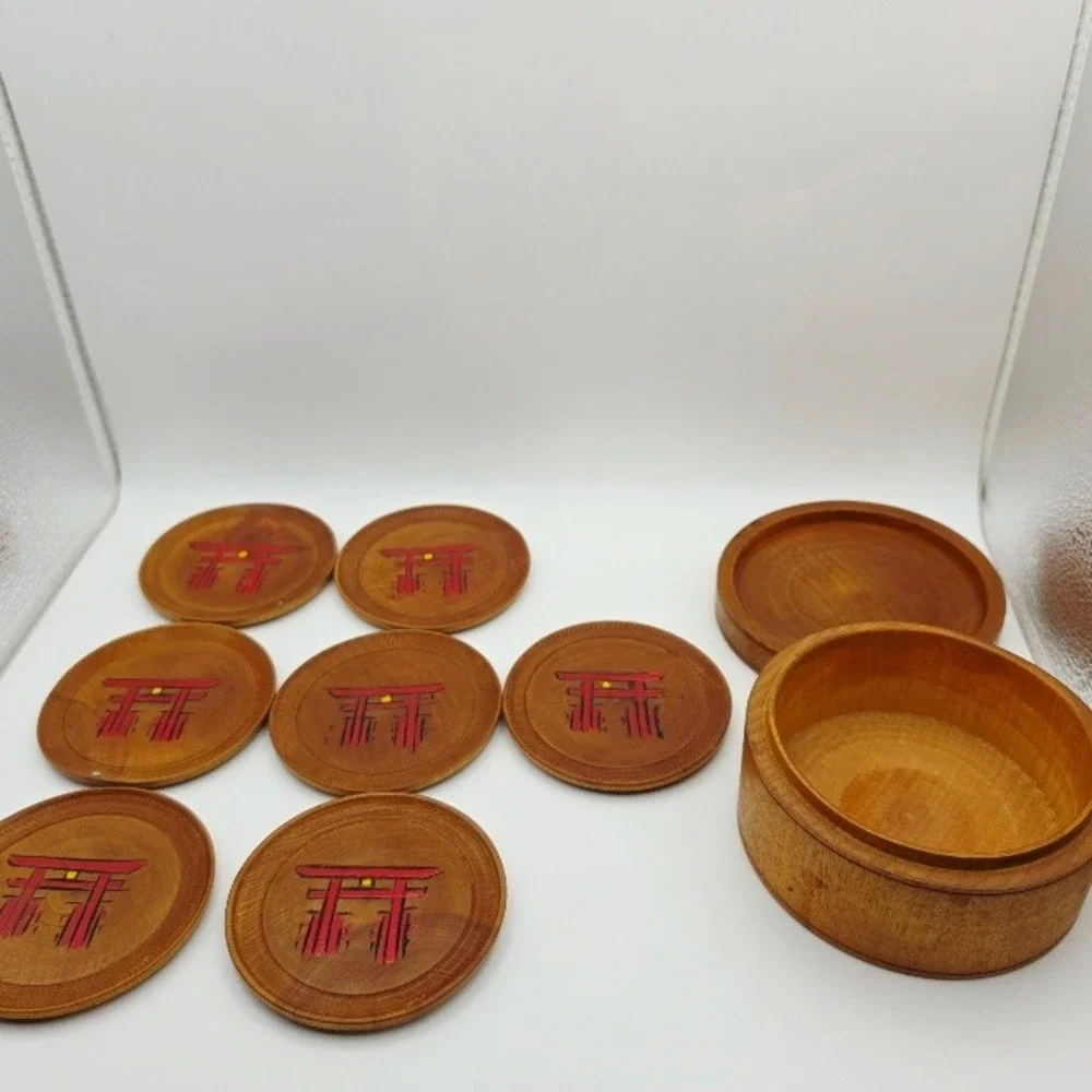Vintage Japanese Torii Gate Wooden Coaster Set‎ with Storage Box